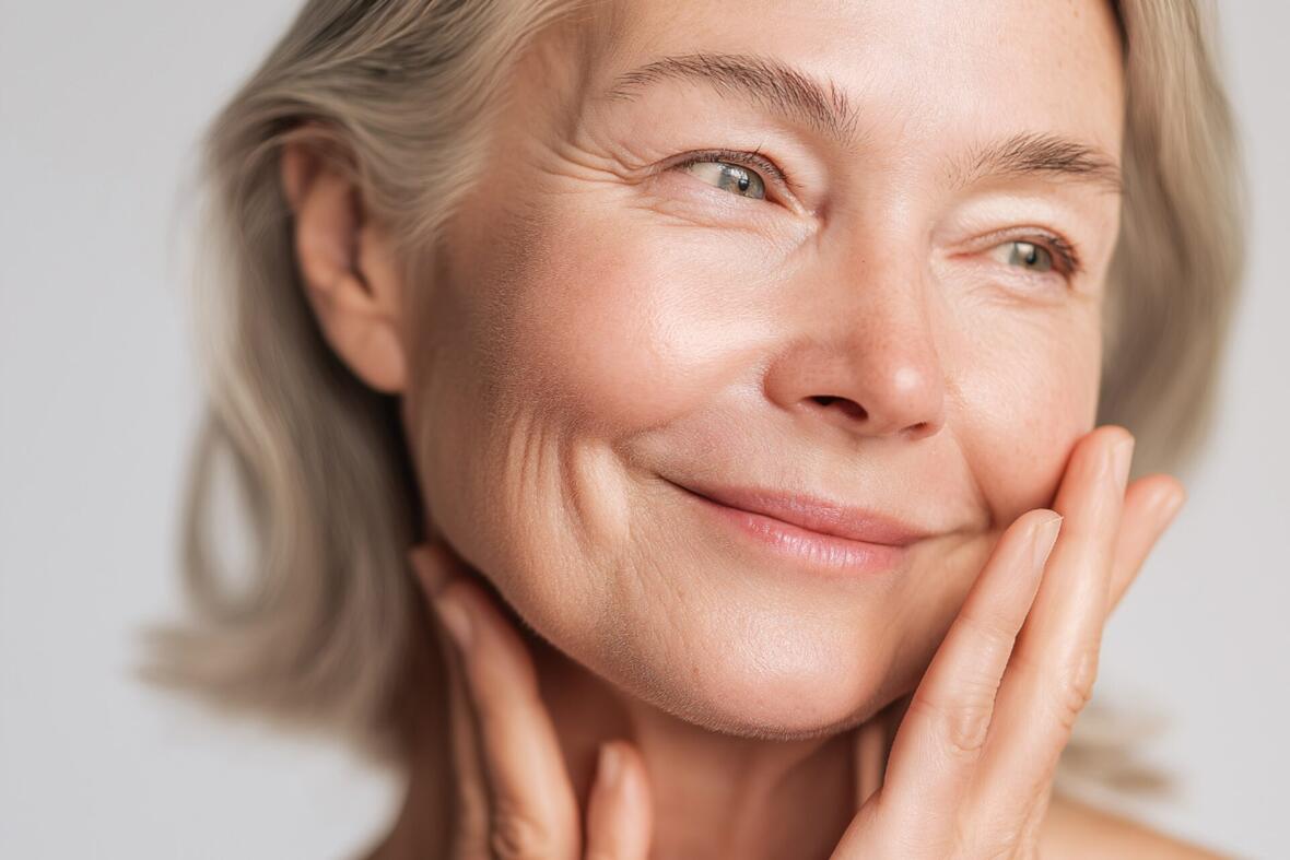 A radiant woman in her fifties, glowing skin